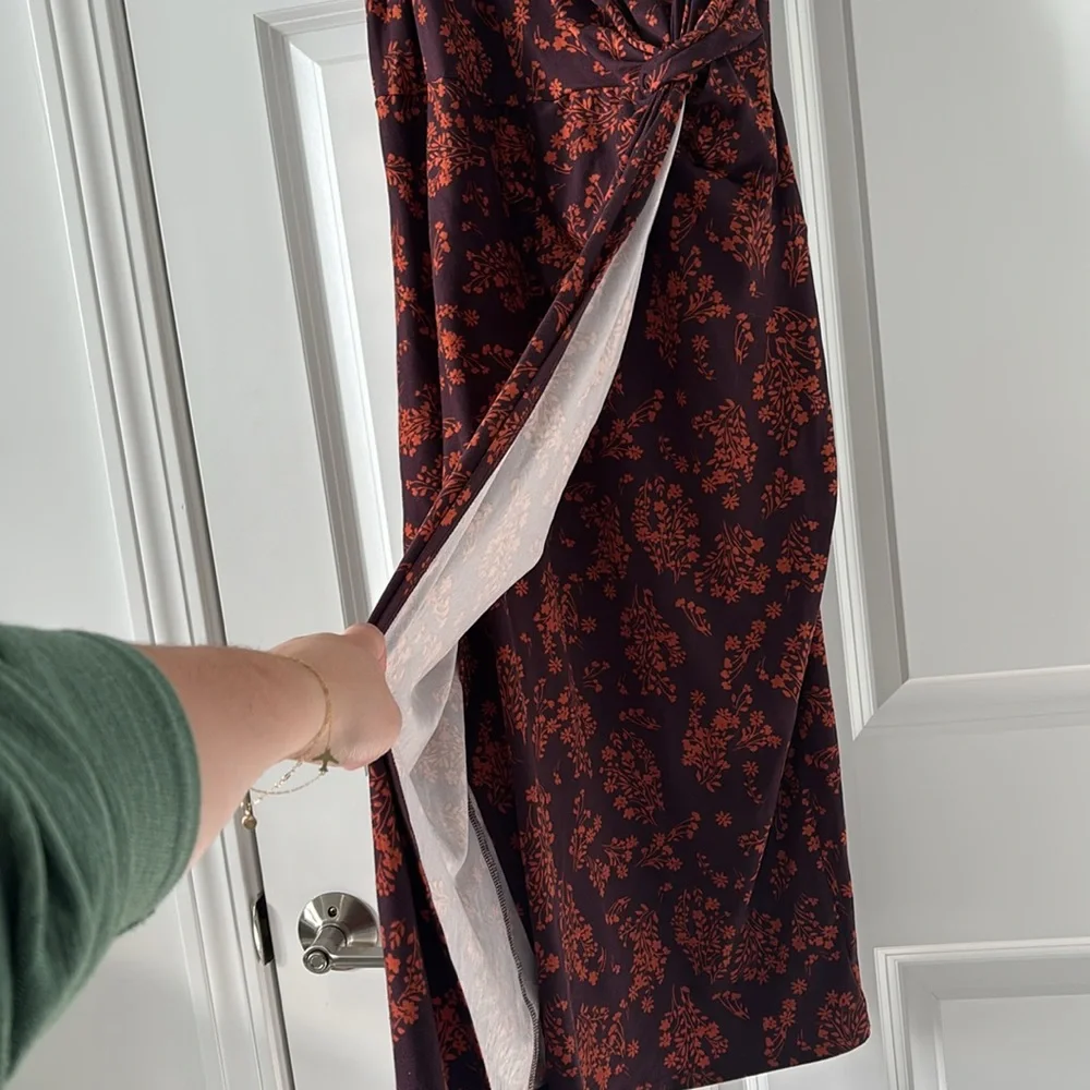 nine britton Black Asymmetrical Slip Dress with Rust Floral Print - Picture 3 of 10